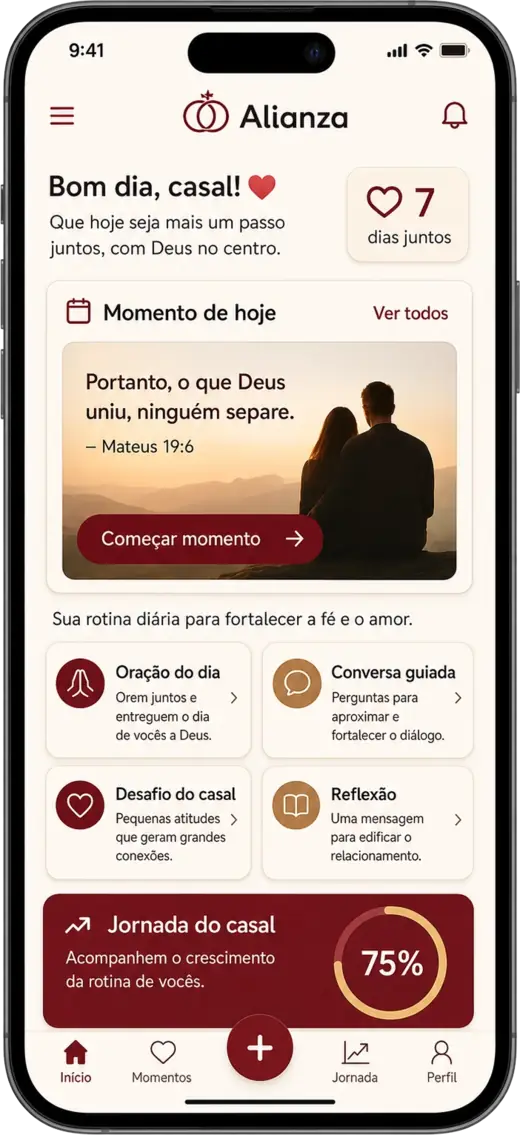 Mockup do app Alianza mostrando momento devocional do casal